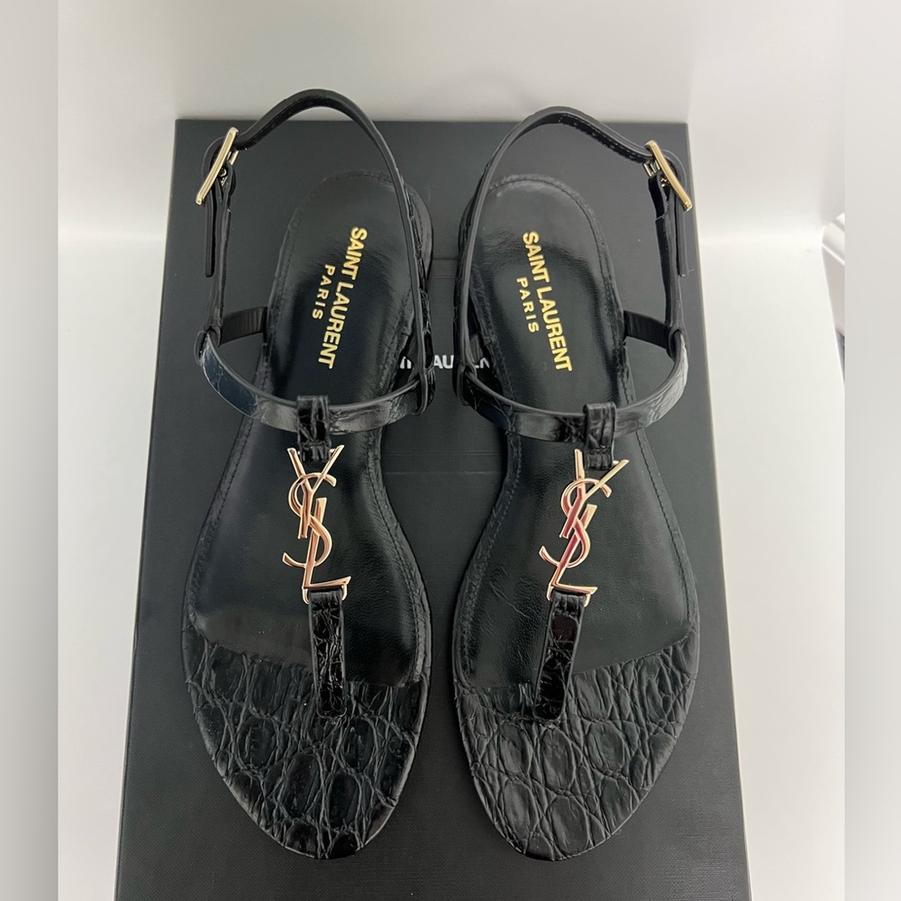 Saint Laurent CASSANDRA SANDALS IN CROCODILE-EMBOSSED LEATHER